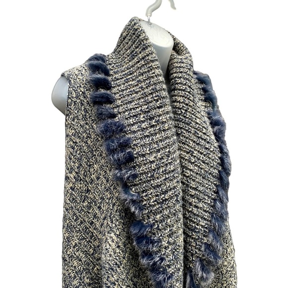 FDJ French Dressing Jeans Blue Gray Marled Knitted Vest Rabbit Fur Trim S / M - Picture 2 of 10